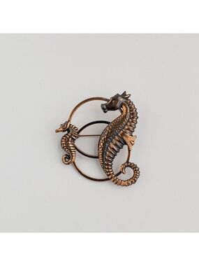 Modern Vintage Large Copper Seahorse Brooch Pin Lapel Mother and Baby Seahorses